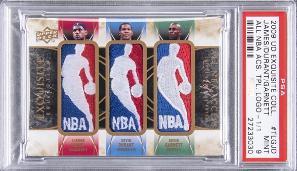 2009 UD Exquisite Collection "All NBA Access" #TL-GJD LeBron James/Kevin Durant/Kevin Garnett Triple Logo Man Game Used Patch Card (#1/1) – PSA MINT 9
